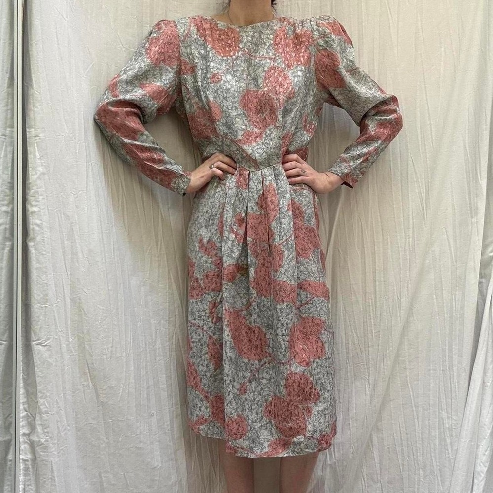 Silk Pink and Gray Floral Print Dress by AP Ltd. VTG 80s Puff Sleeves Retro - Picture 2 of 8